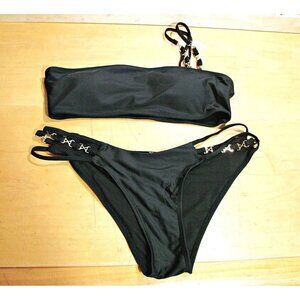 Womens Black Bikini Two Piece Swimwear Size M One Shoulder Padded Cut Out Bottom